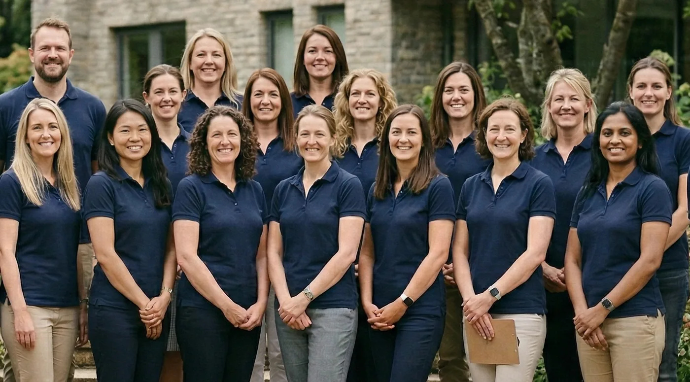 PBSG team members standing together in navy shirts.